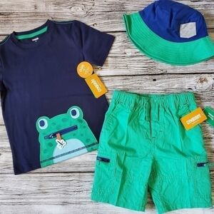 Gymboree Critter Camp Embroidered Frog T-Shirt, Shorts, and Hat Set NWT